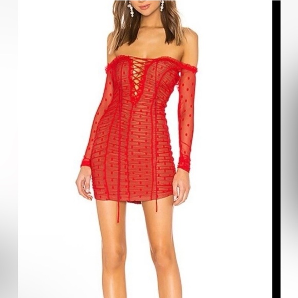 MAJORELLE Dresses & Skirts - Majorelle Revolve Mesh Polka Dot Mini Dress Off The Shoulder Sexy Dress S Red